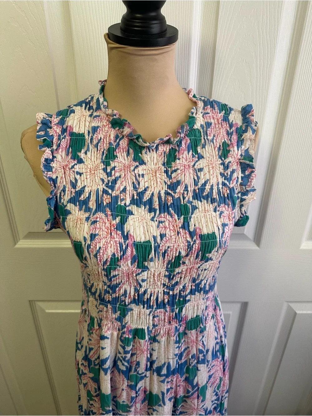 Oliphant Blue Pink Floral Smocked Maxi Dress